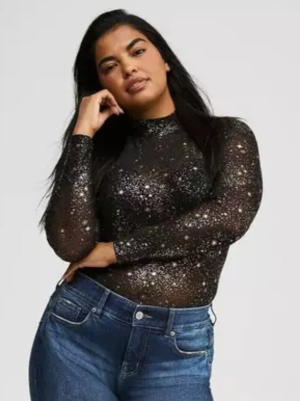 Torrid Women's Size 1X Black Celestial Gold Mesh Mock Neck Long Sleeve Top